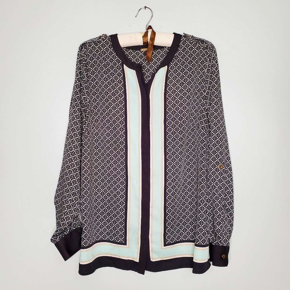 Dana Buchman Mint Green & Black Patterned Long Sleeve Blouse 12